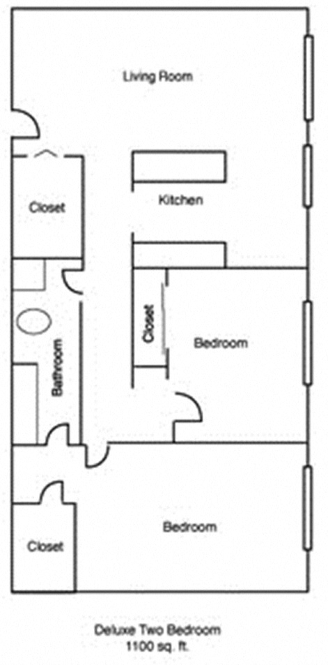 Floor plan for 2 beds, 1 bath, 1100 sqft